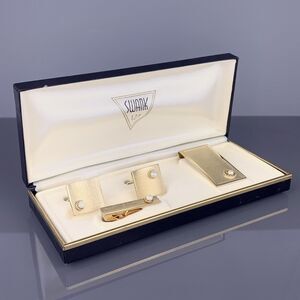 Faux Pearl Square Gold Tone Cufflinks Tie Pin Money Clip Textured Swank Vintage
